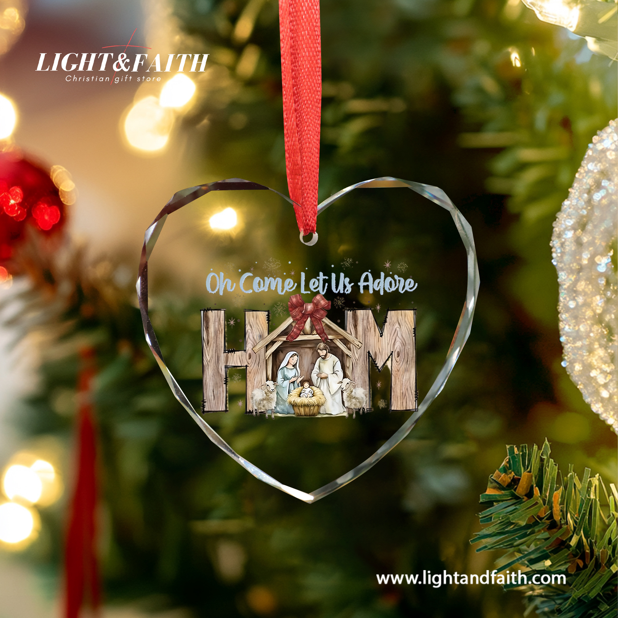 Oh Come Let Us Adore Him Glass Ornament, Nativity Scene Christmas Decor, Holy Family Ornament, Christian Faith Gift, Religious Christmas Tree Decoration DCLAF50